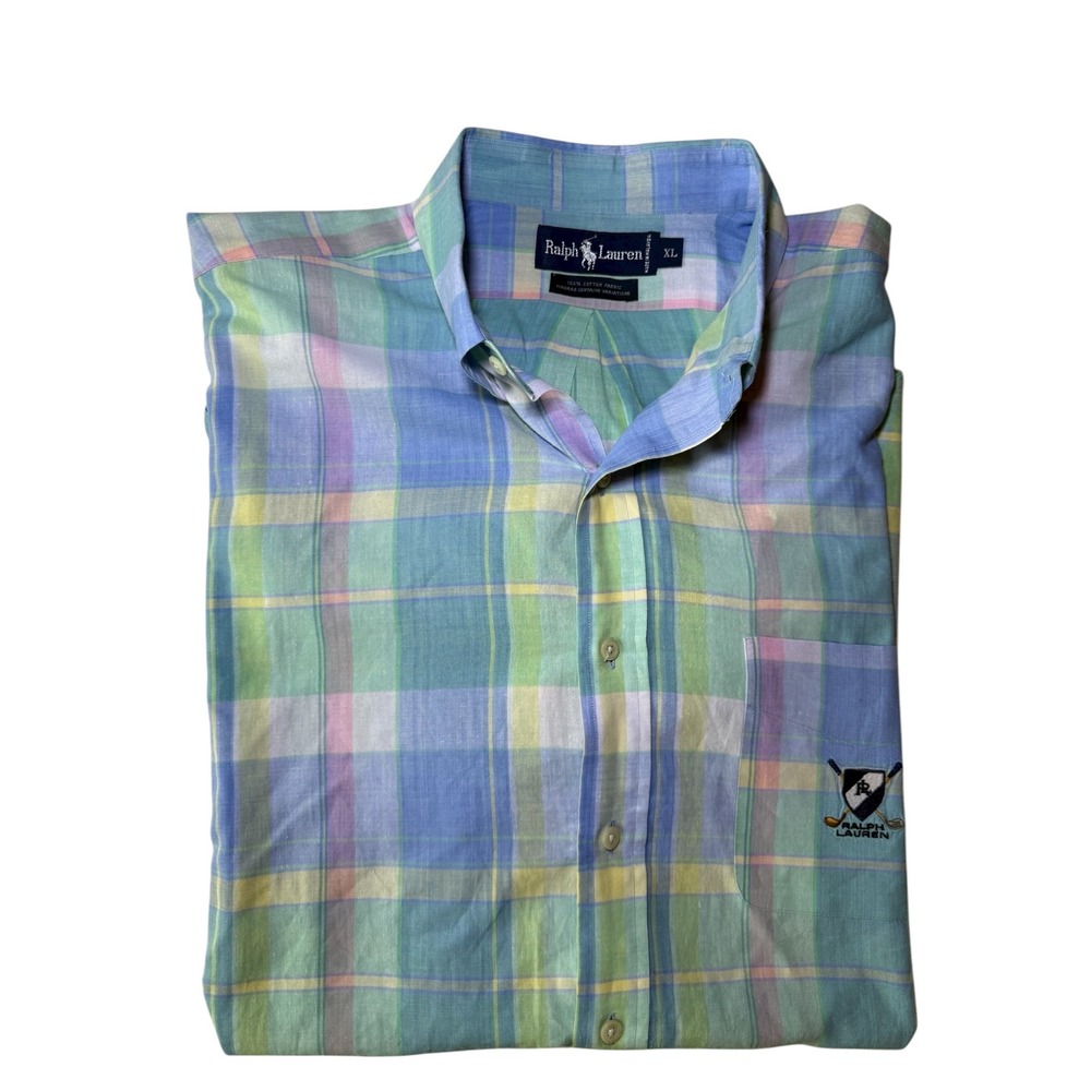 Ralph Lauren Madras Plaid Short Sleeve Button Down Shirt Men's XL Golf